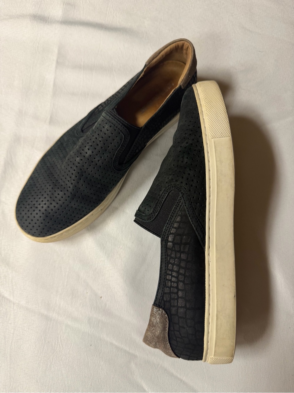 Trask Black Perforated Suede Slip-On Flats with Cream Sole